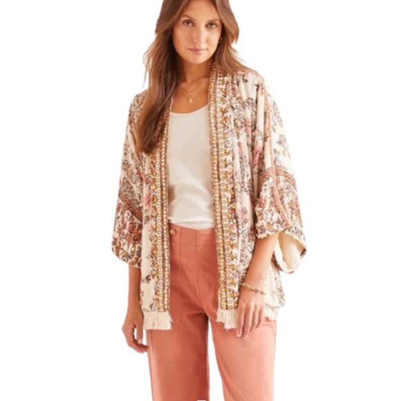 Tribal Tops - Tribal Rays Of Light Duster Embellished Floral Kimono Cardigan Fringe S/M